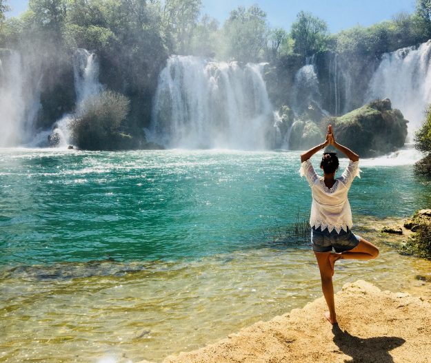 Me doing yoga at Kravice Falls